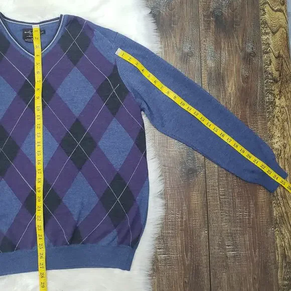 Black Brown 1826 Made in Italy 100% Merino Wool Argyle V-Neck Sweater Men XL - Picture 12 of 12